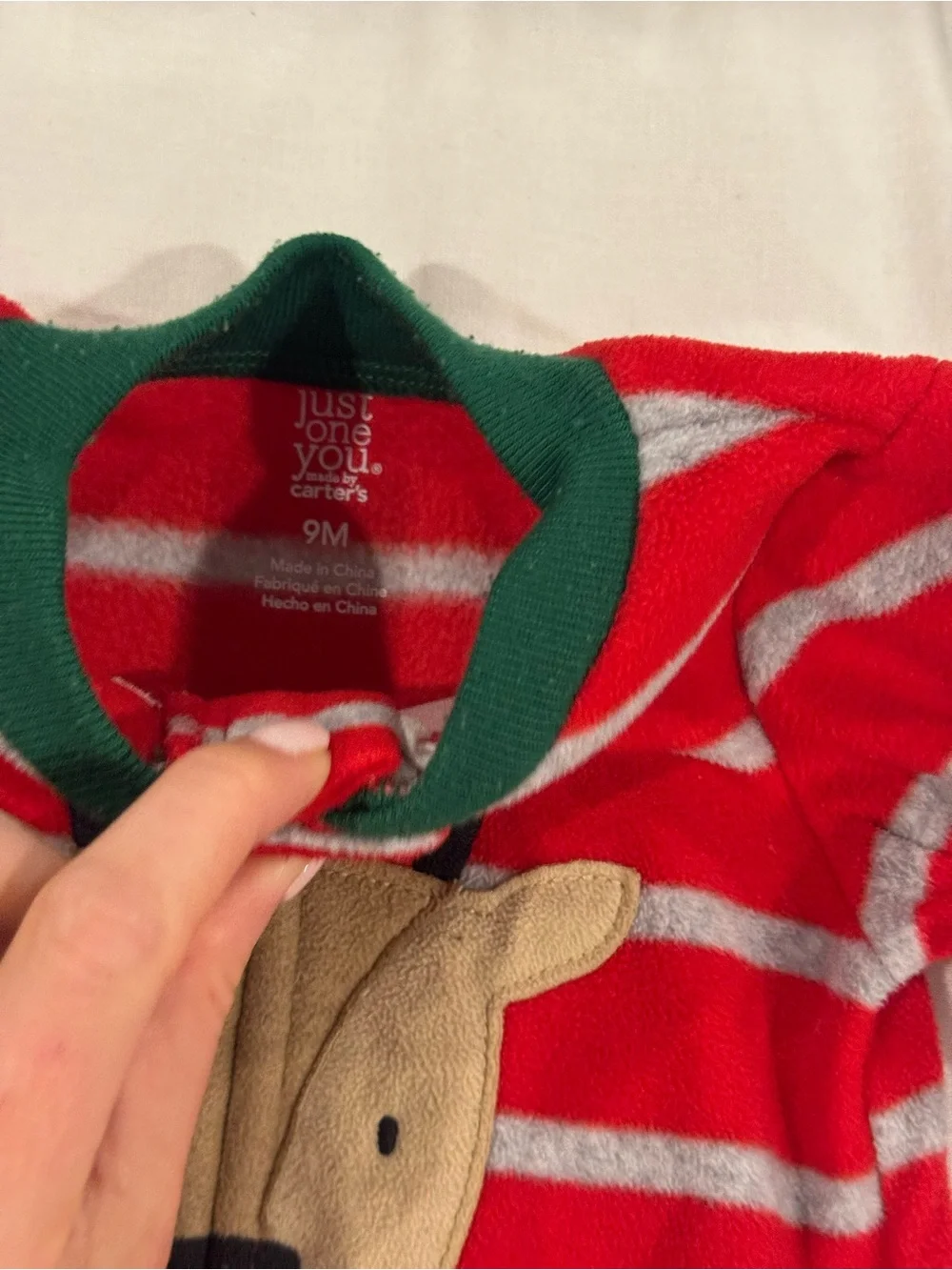 Carter's Red and Green Striped Reindeer Footed One-Piece